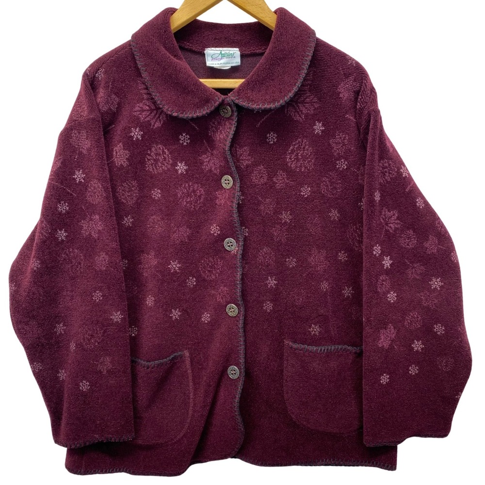 Artisans Sunschein Designs Fleece Jacket Womens Medium Burgundy Snowflake USA‎